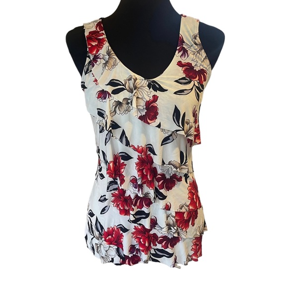 White House Black Market Tops - WHBM Floral Print Tiered Sleeveless Size XS Pink Red White Black Ruffle Top.